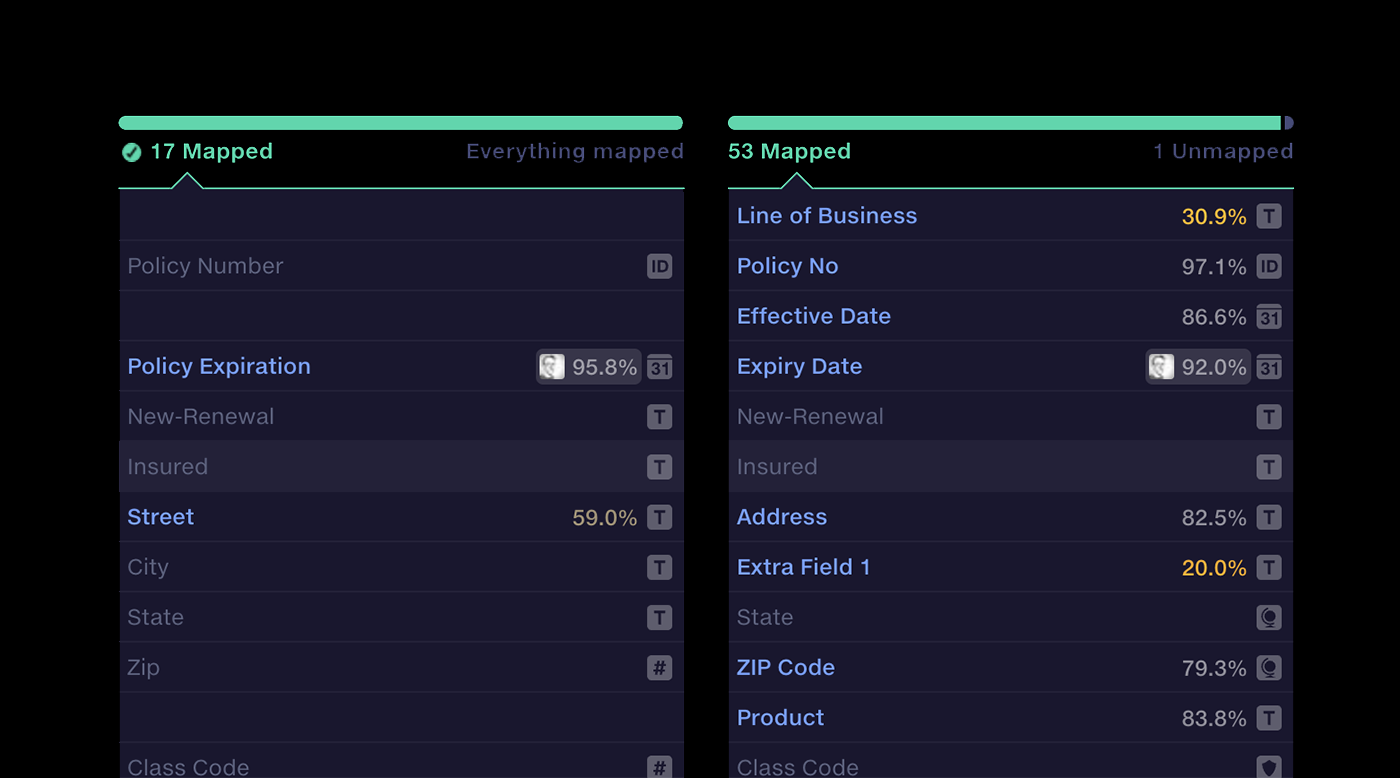 Concept design for Quantemplate's column mapping interface: schemas as vertically stacked fields aligned to a common master.