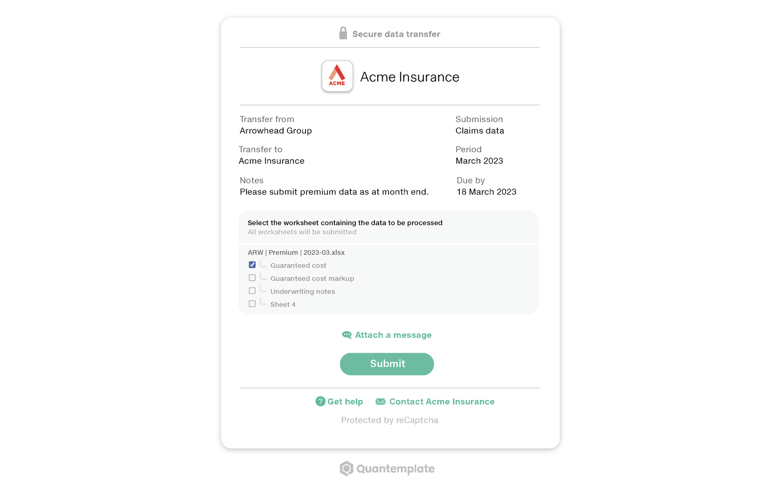 Mockup of the Data Drop secure data transfer concept: a card showing transfer from and to organisations, submission type, period, due date, a worksheet selector with checkboxes, and a submit button.