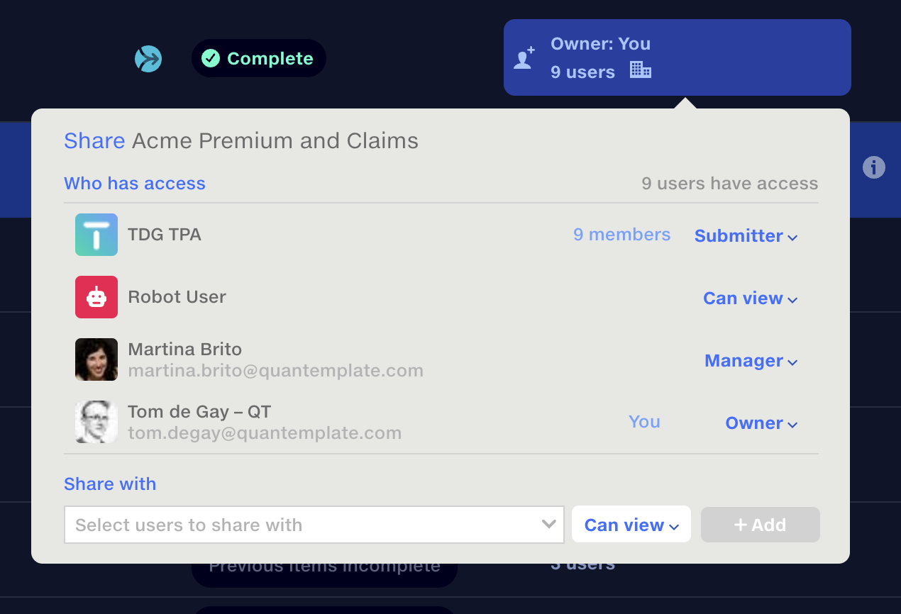 Feed sharing panel listing who has access: TDG TPA with 9 members as Submitter, Robot User as Can view, Martina Brito as Manager, and Tom de Gay as Owner.