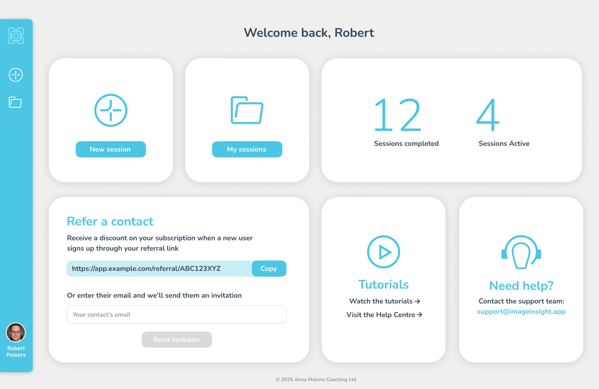 Image Insight's dashboard: cards for a new session and past sessions, a count of completed and active sessions, and panels for referrals, tutorials and support.