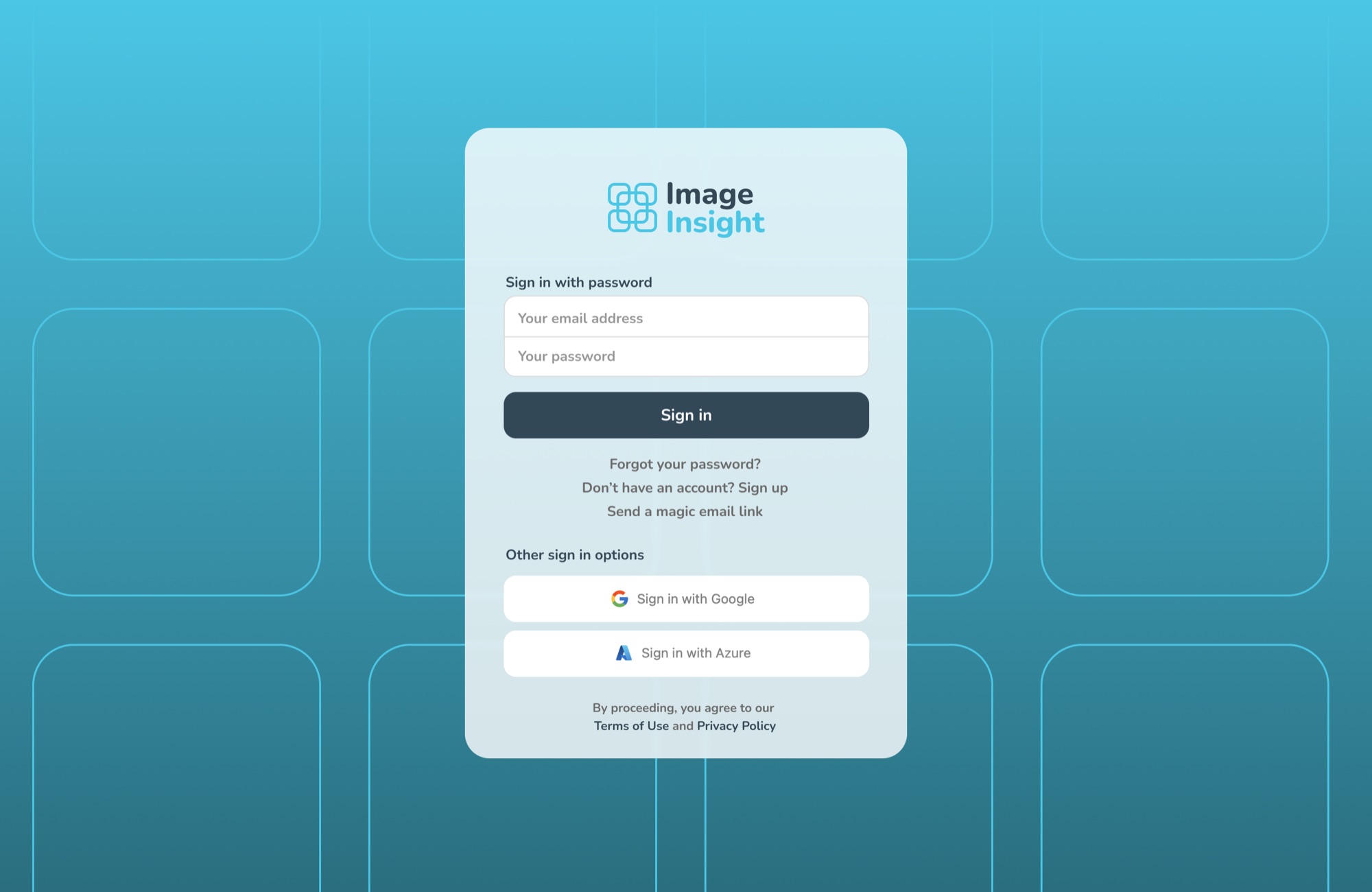 Image Insight's sign-in page: a soft card on a pale teal background patterned with the app's rounded image-grid motif, with email and password fields and Google or Azure options.