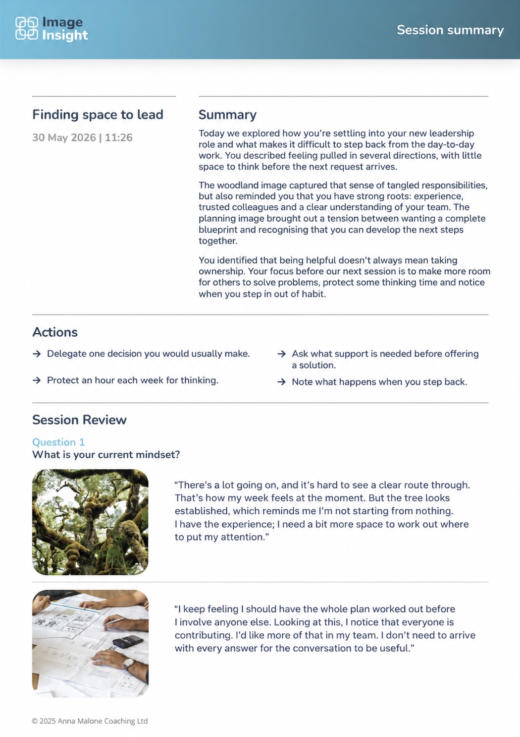 A one-page PDF session summary: an Image Insight header, a narrative summary, a list of actions, and the session review questions with their images and reflections.