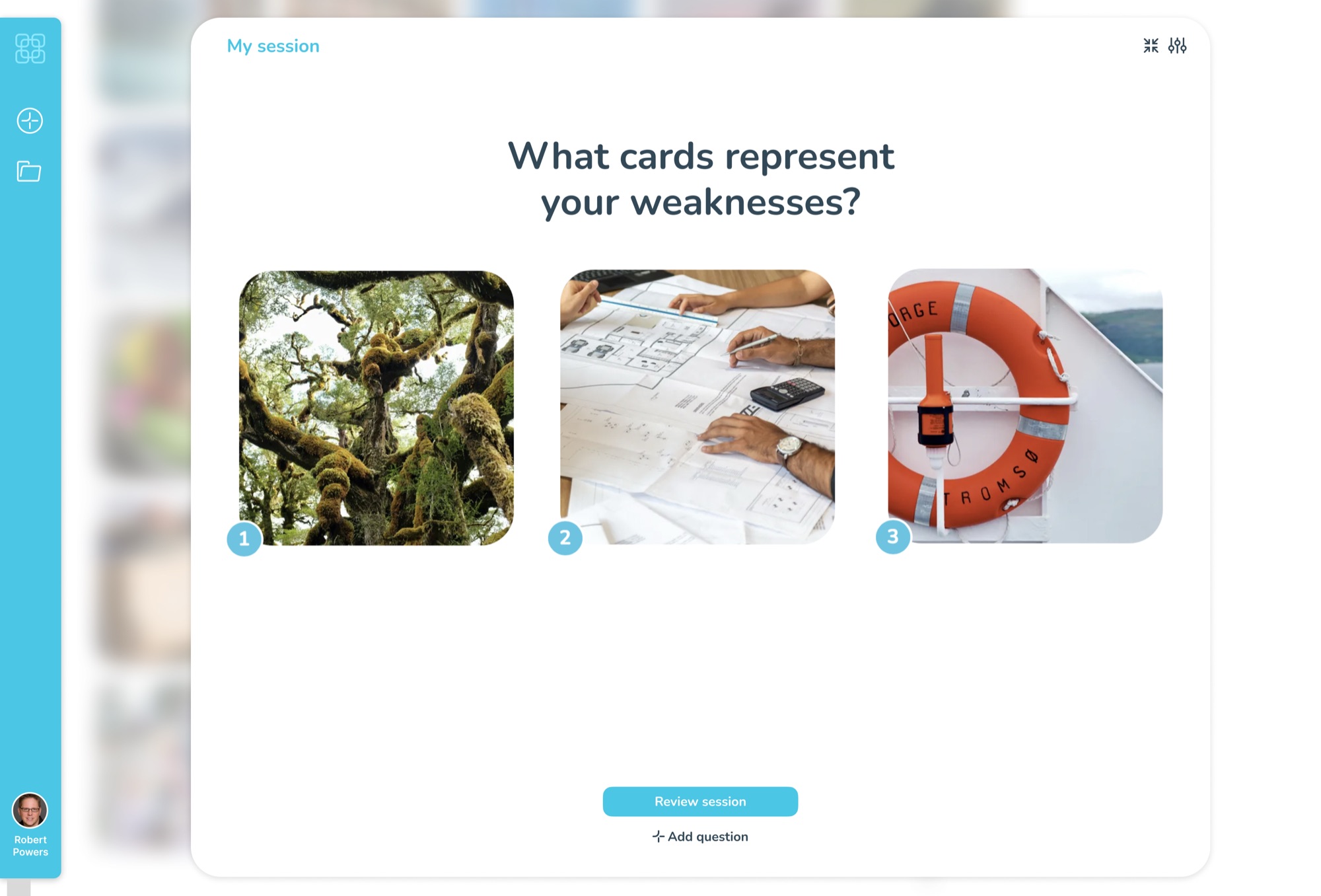 The session opened to full screen: a large 'What cards represent your weaknesses?' heading above three chosen images, with 'Review session' and 'Add question' below.