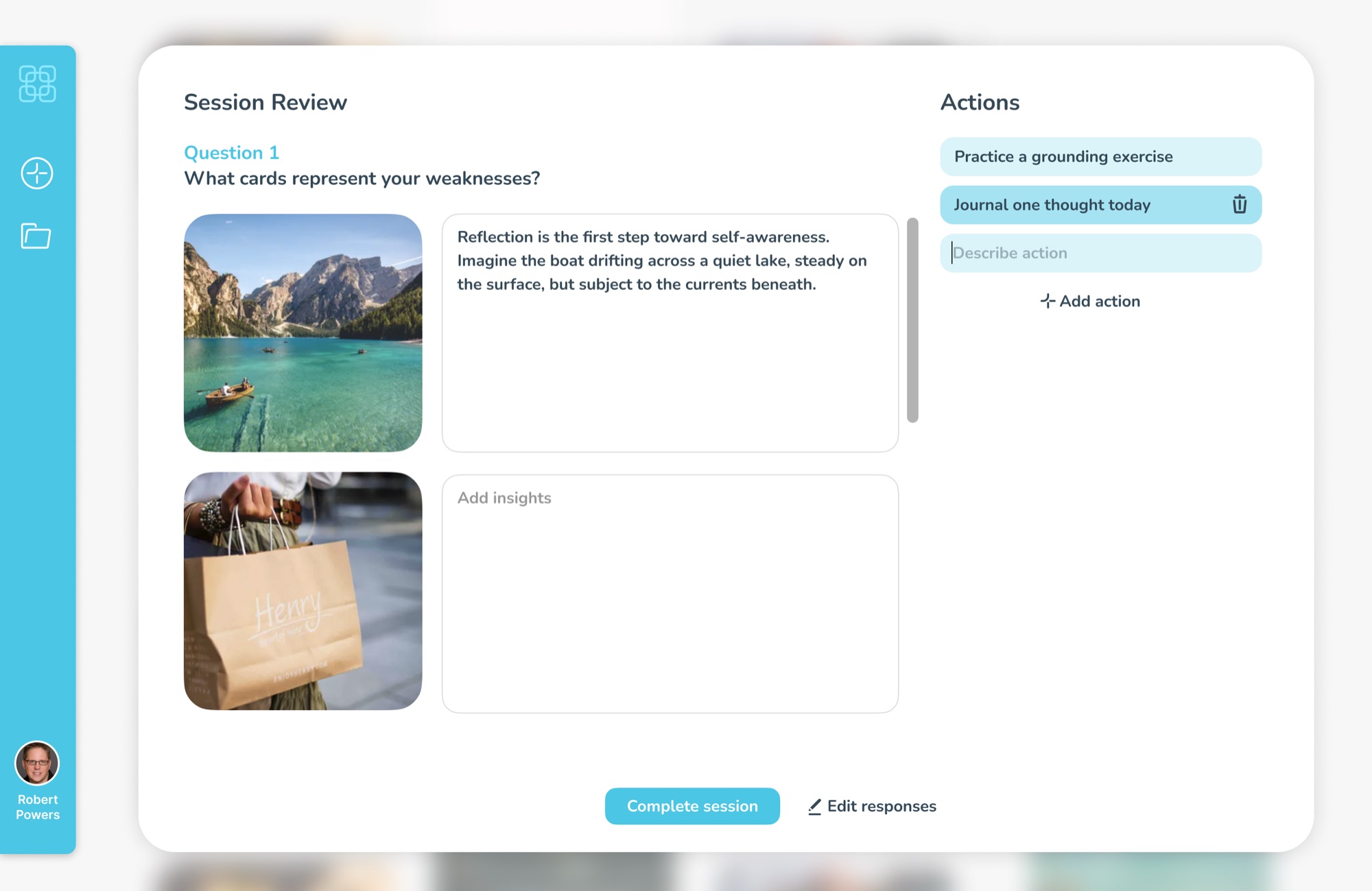 Image Insight's session review screen: each chosen image paired with the participant's reflection, and an Actions panel listing next steps to carry forward.