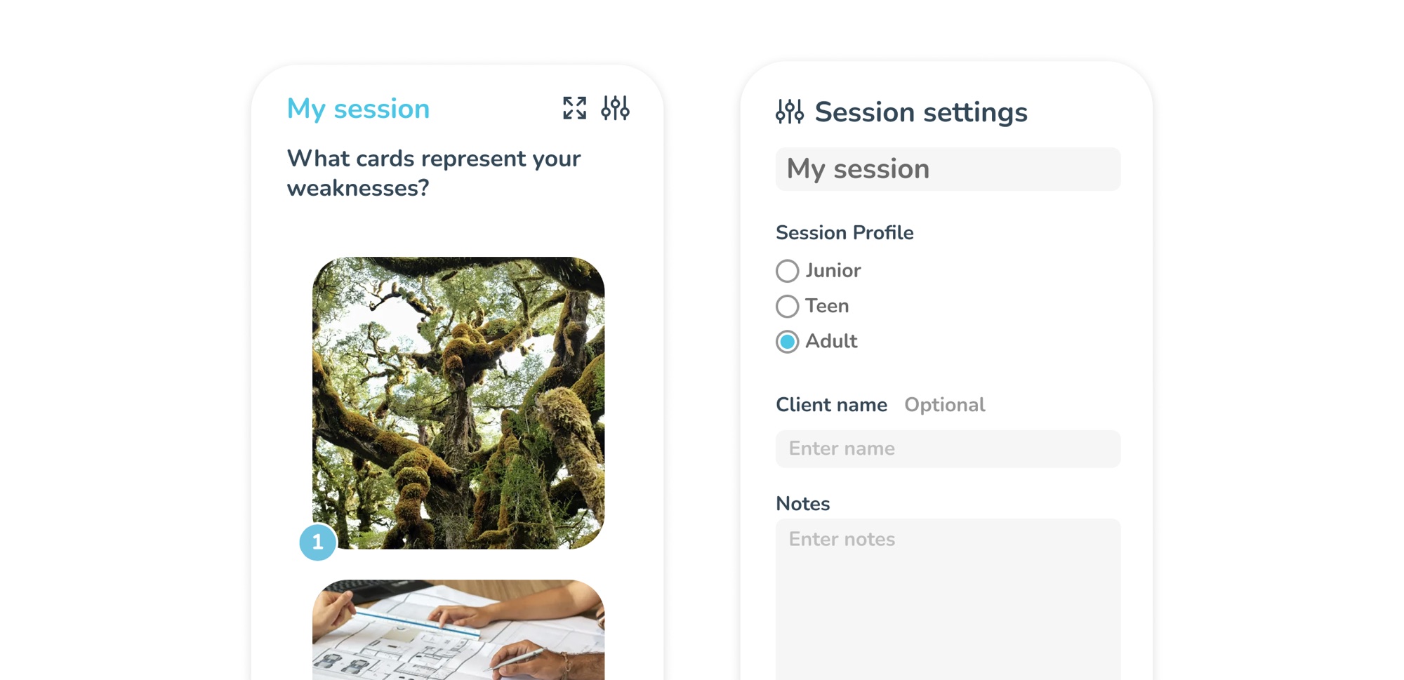Two panels side by side: a 'My session' panel with the coach's question and the participant's chosen images, and a 'Session settings' panel with a session name, a Junior/Teen/Adult profile, and optional client name and notes.