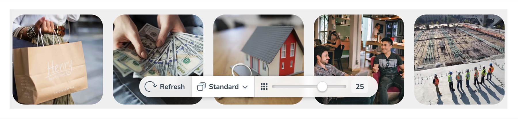 A toolbar floating over the bottom of the image grid: a Refresh button, a gallery selector reading 'Standard', and a slider set to 25 images.