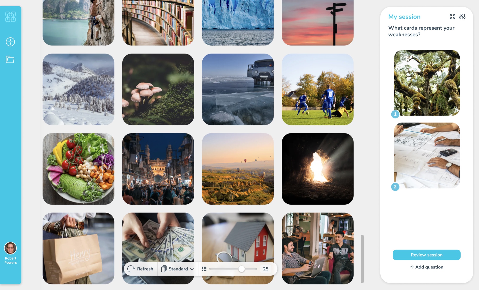 Image Insight's main screen: a scrolling grid of photographs with a floating toolbar, alongside a 'My session' panel holding the coach's question and the participant's chosen images.