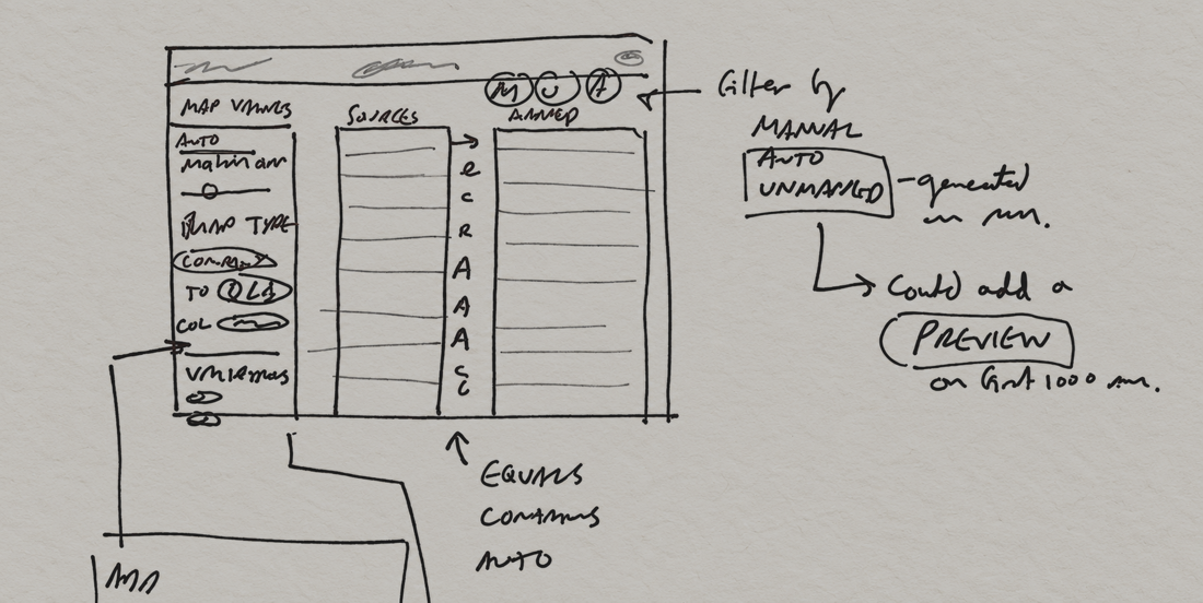 Hand-drawn sketch of the column mapping concept: a map-headers control column, a sources column and a mapped column, a match-score strip down the middle, and notes on filtering by manual, auto or unmapped and adding a preview of the first 1000 rows.