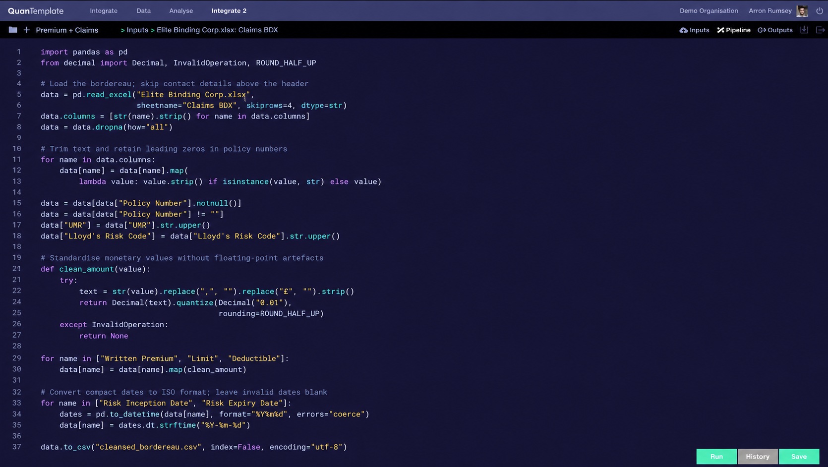 A pipeline built as a single Python script in the code editor, loading a spreadsheet with pandas and cleaning columns.