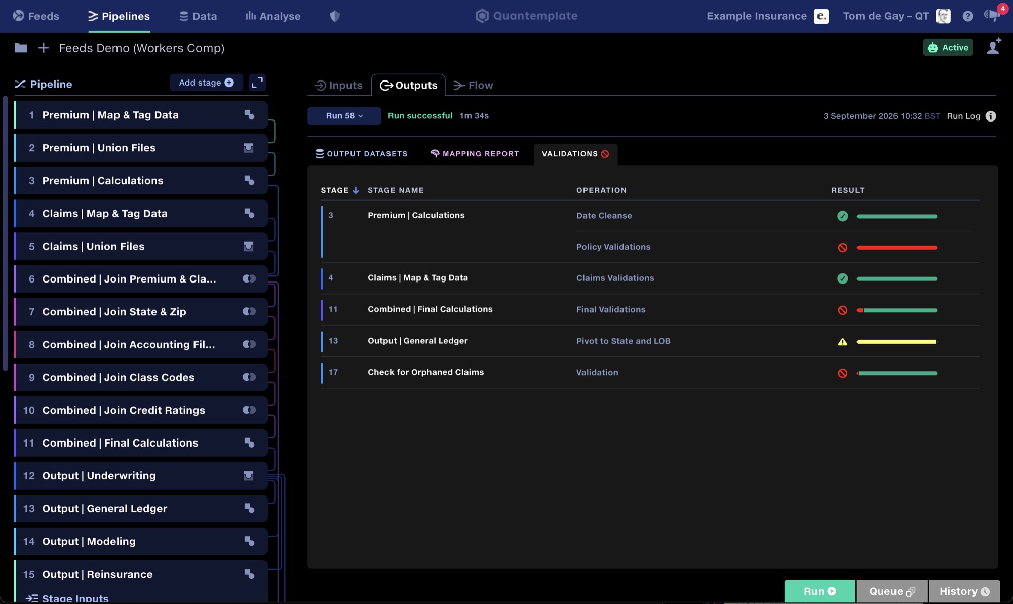 The current Pipelines interface: a colour-coded stage list, a flowchart of connections, and a validation results panel.