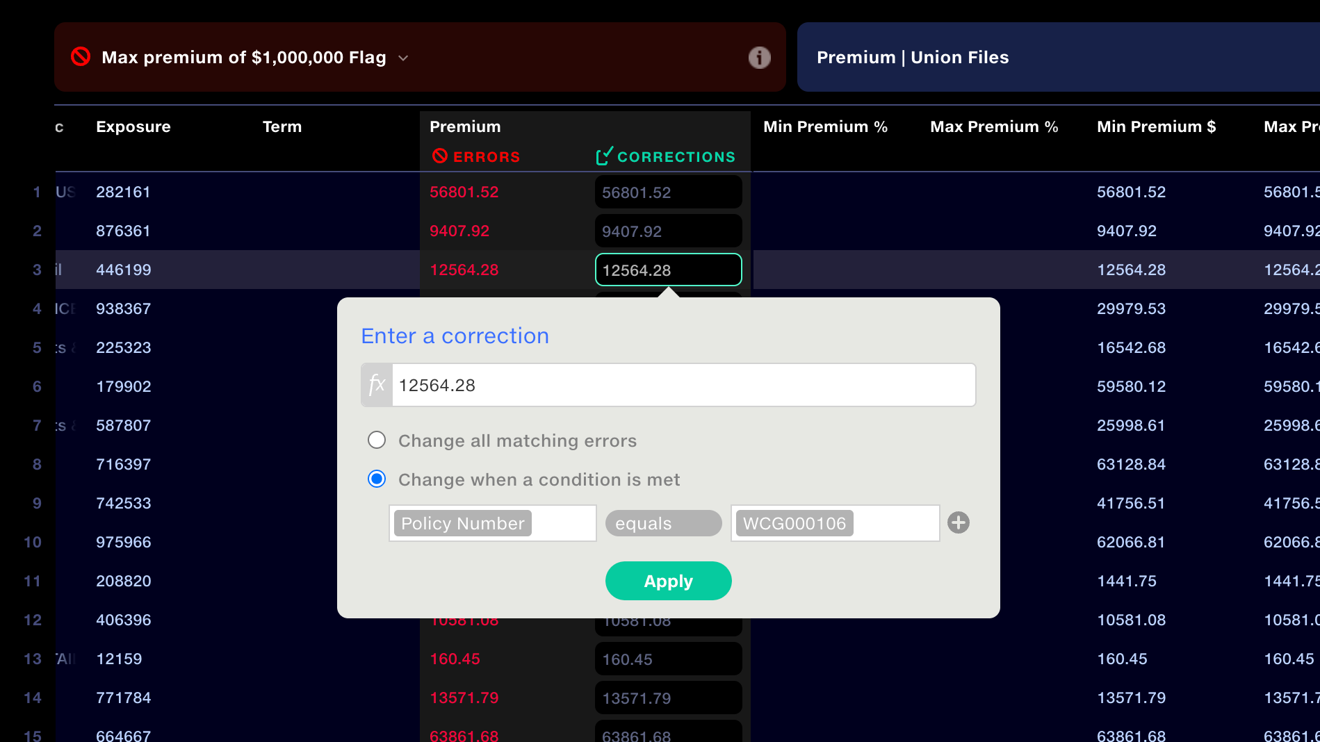 Quantemplate's validation report: flagged errors beside an editable corrections column, with the correction popup open on a row.