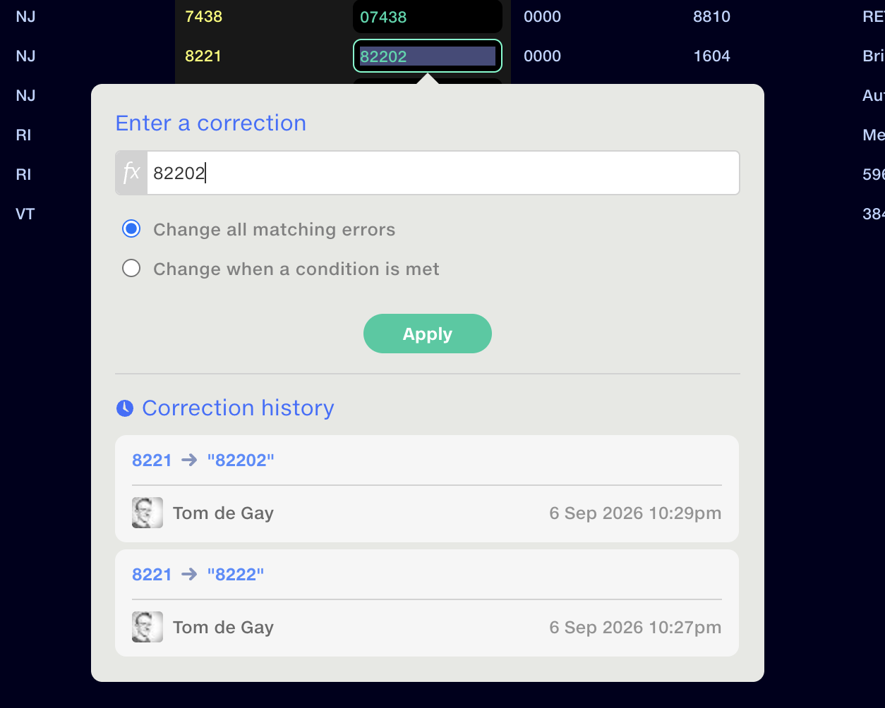 The correction popup with a Correction history section below the Apply button, listing successive edits to a value with the editor's name and a timestamp for each.