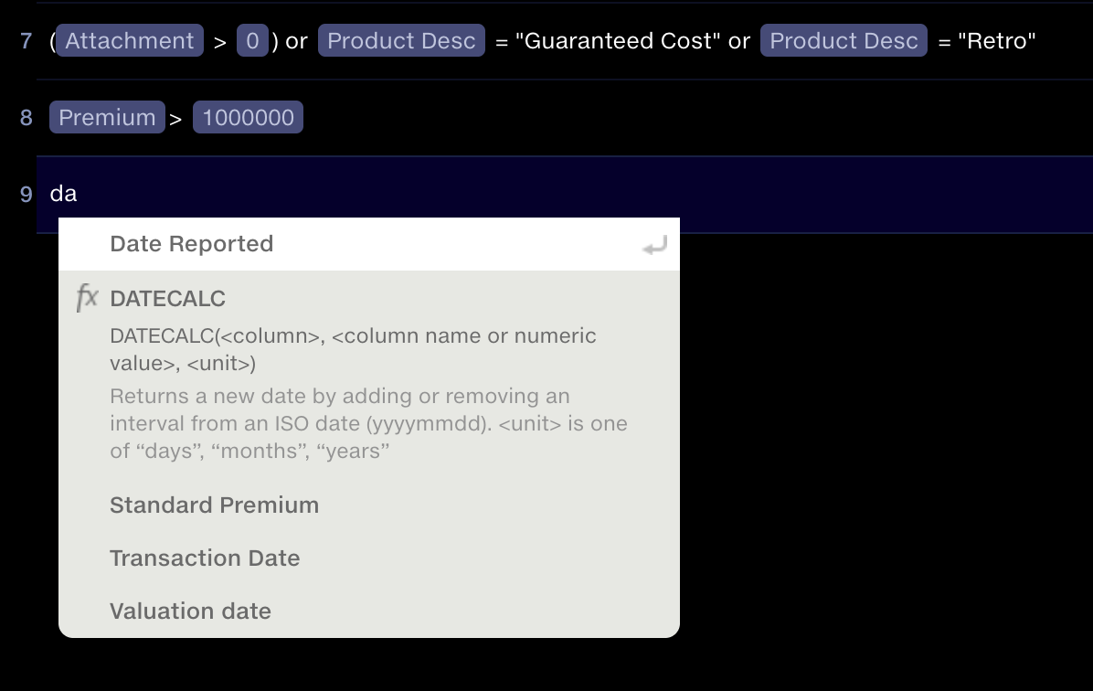 Autocomplete in the formula editor suggesting fields and the DATECALC function, with its syntax and description shown inline.