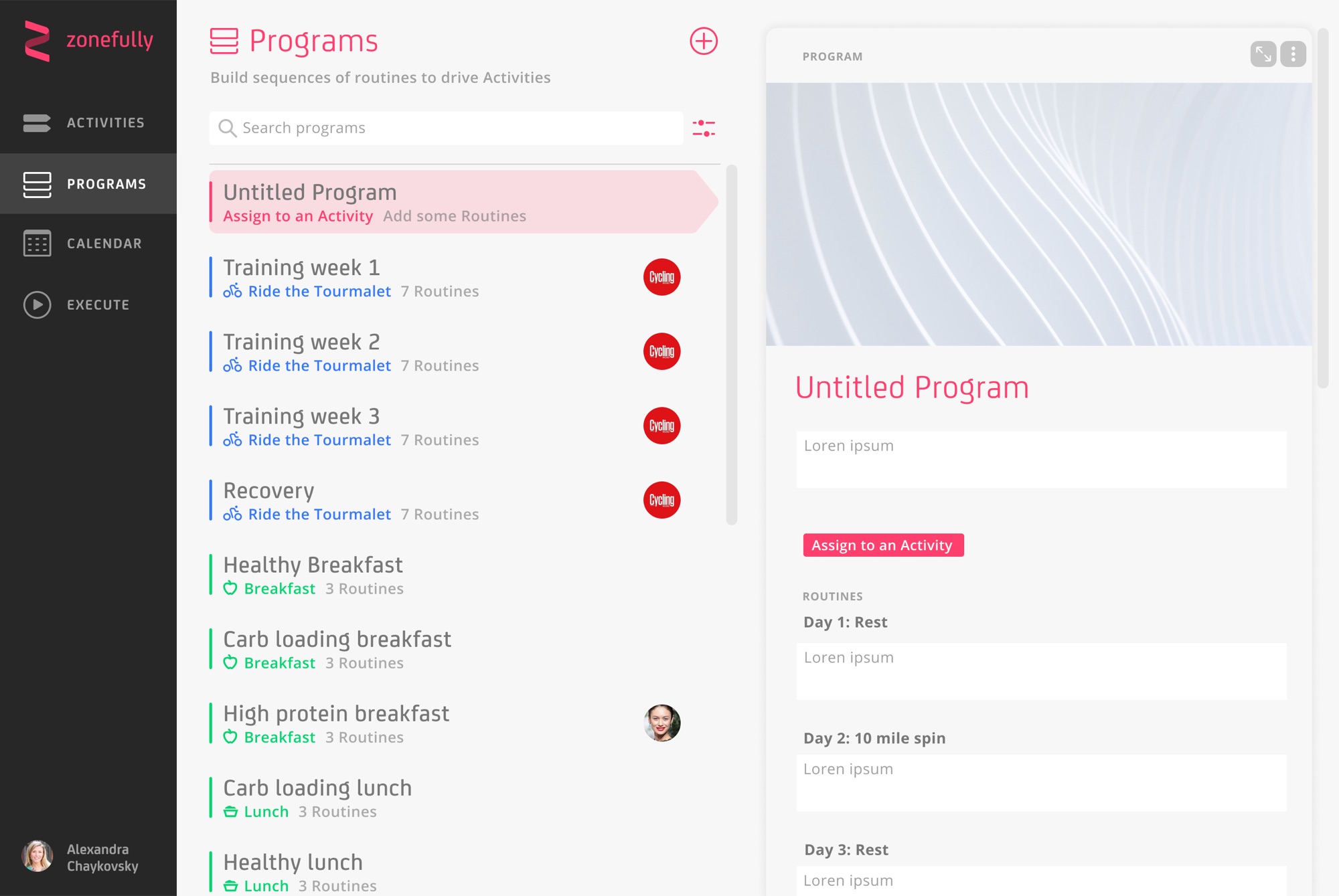 A newly created 'Untitled Program' selected in the list and open in the detail panel, with an 'Assign to an Activity' prompt and empty day-by-day routine fields.
