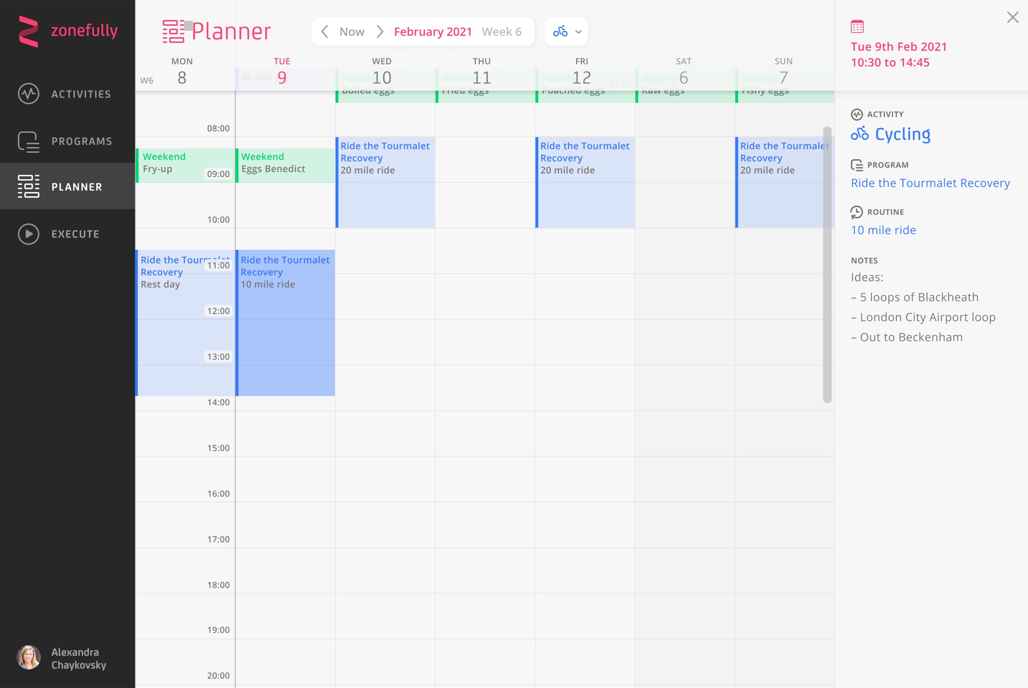 Zonefully's Planner: a programme's routines laid across a week, with a side panel naming the Activity, Programme and Routine for the selected slot.