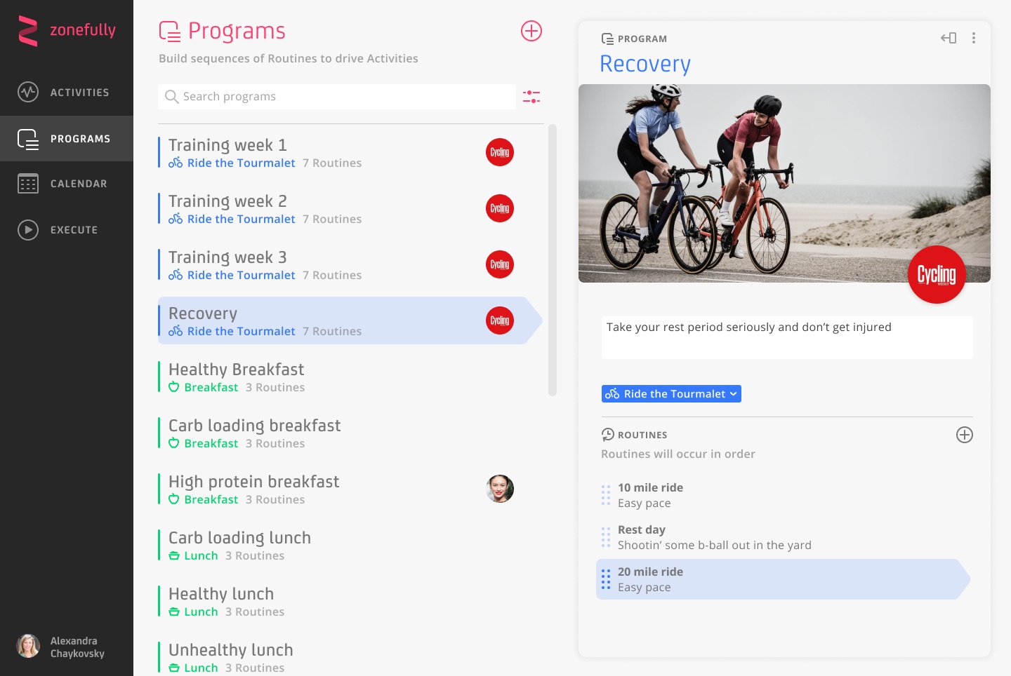 Zonefully's Programs screen: a searchable list of programmes on the left, and the selected programme's detail — cover image, activity and ordered routines — on the right.