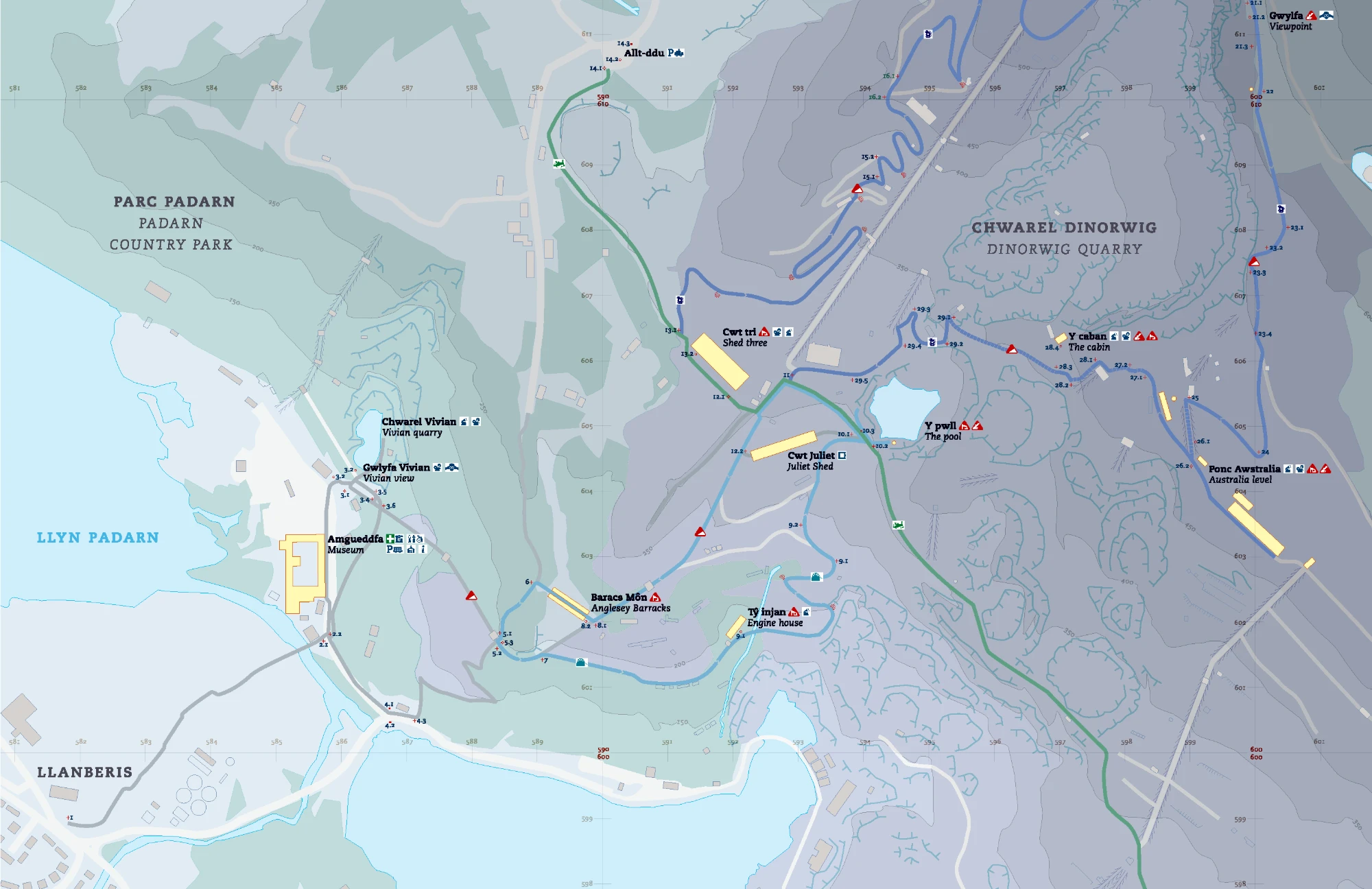 Detail from a hand-drawn map of Dinorwig Quarry and Padarn Country Park near Llanberis, showing numbered levels, inclines, buildings and walking routes.