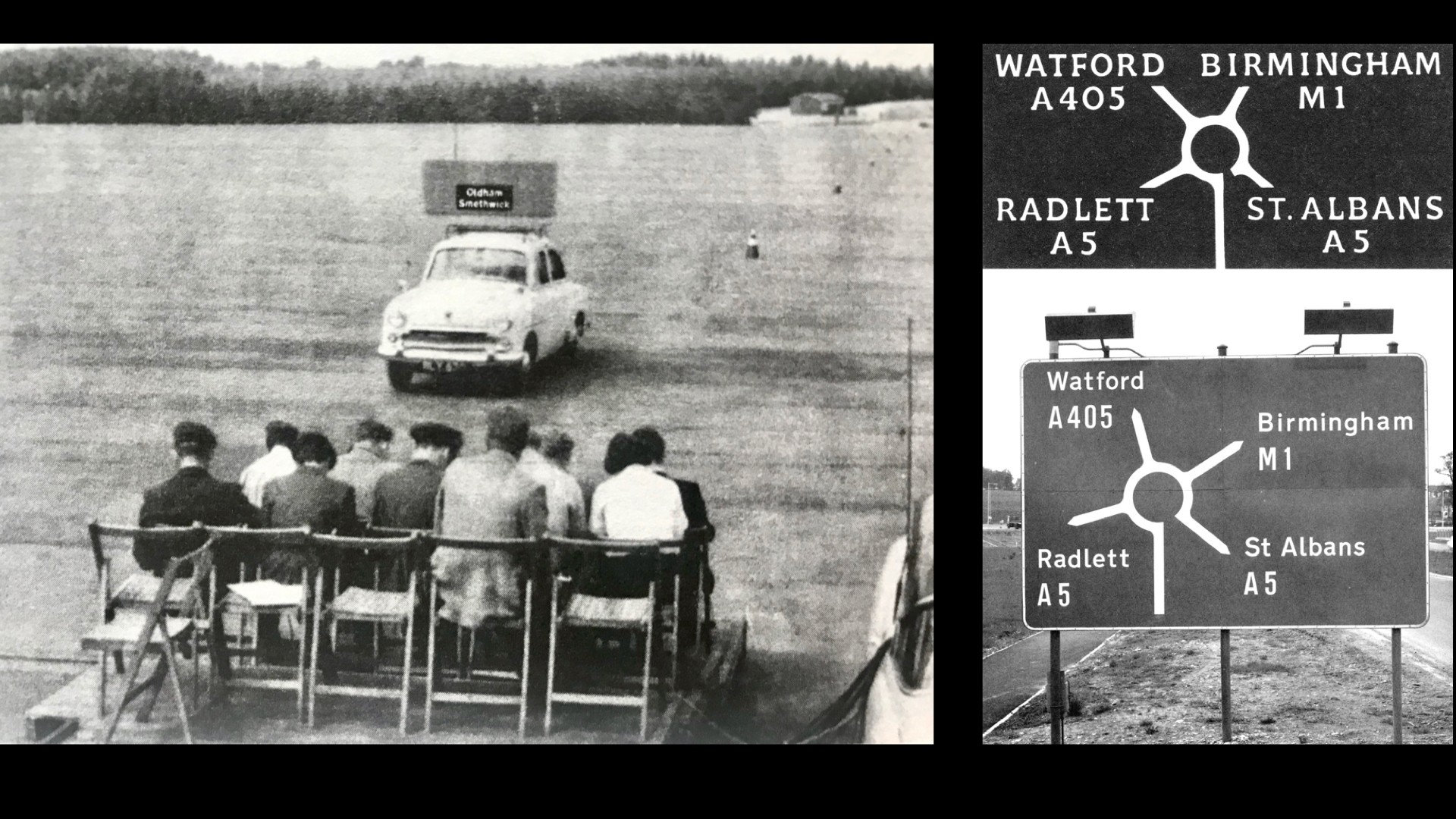 1960 legibility trial: observers seated on chairs at the roadside watch a car carrying a test sign drive past on a former airfield.